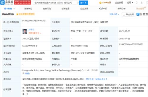 恒大瑞博新能源汽車(chē)公司成立 注冊(cè)資本20億，聚焦科技信息咨詢(xún)服務(wù)